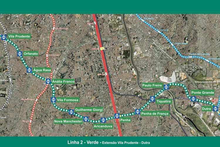 Mapa das estações do prolongamento da Linha 2 - Verde