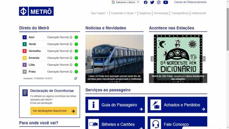 Pagina inicial do novo site do Metrô (Metrô SP)