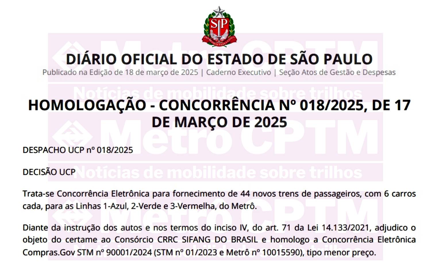 Homologação do contrato para a CRRC (STM)