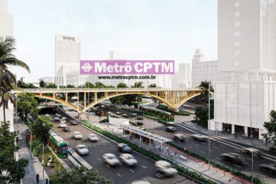 O VLT cruza o Viaduto Santa Efigênia