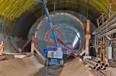 Estrutura de reação sendo desmontada e no detalhe a esteira desmontada