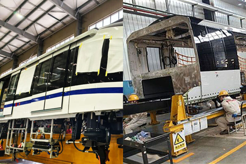 Trens da BYD e Alstom em montagem na China