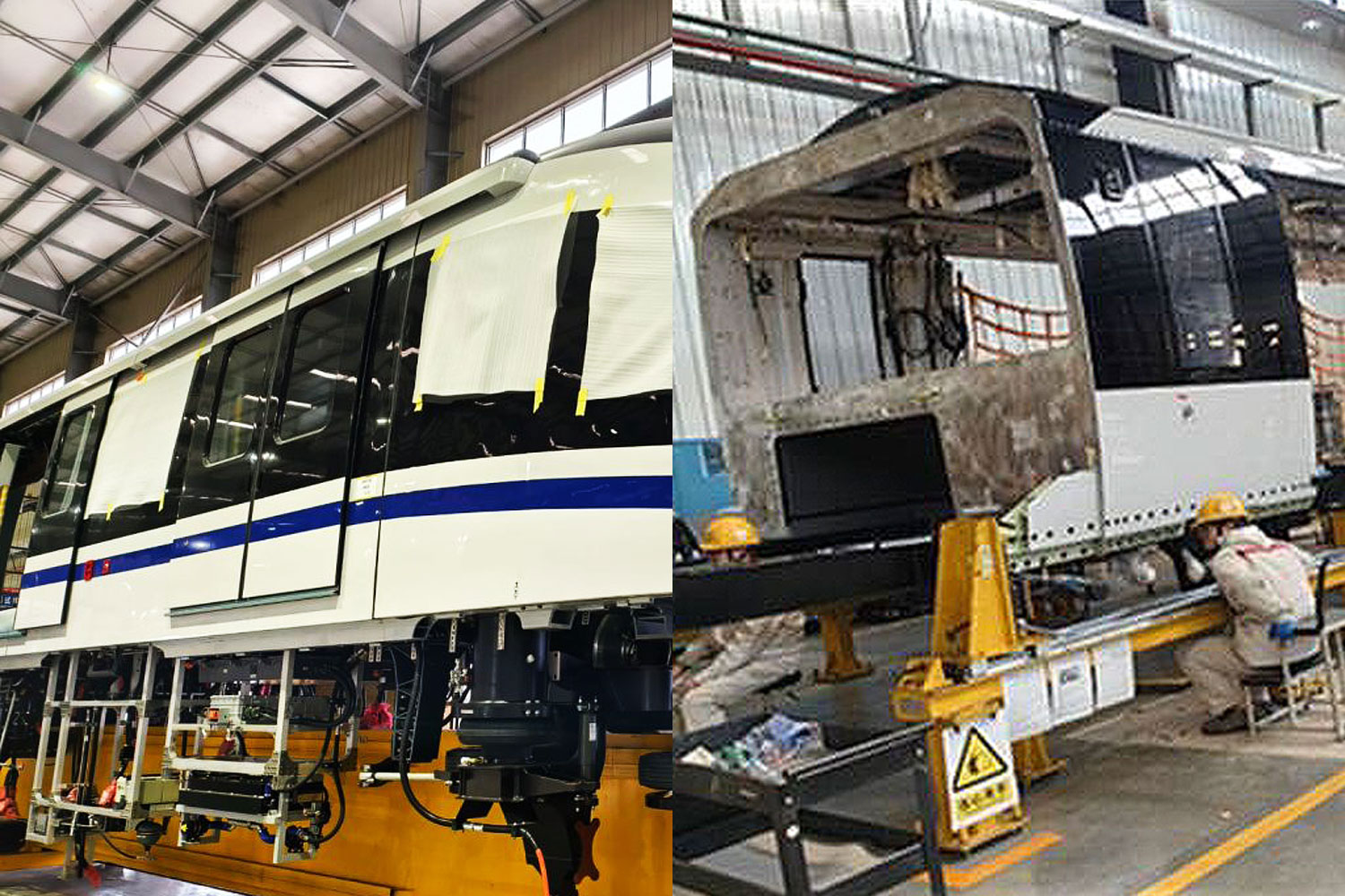 Trens da BYD e Alstom em montagem na China