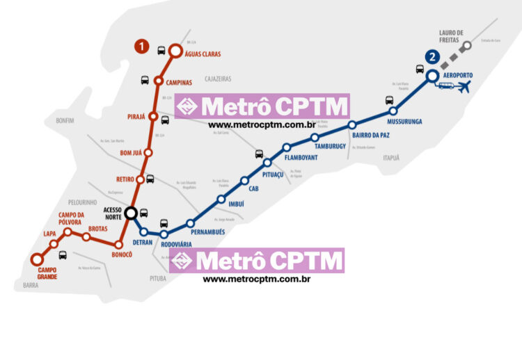 Mapa do Metrô de Salvador com a localização da estação Campo Grande
