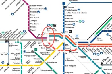 Versão atualizada do Mapa Metropolitano de São Paulo da rede sobre trilhos, com a mudança em Palmeiras-Barra Funda.