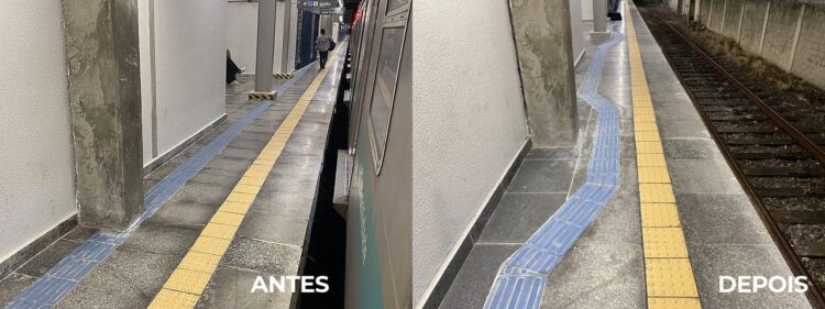 Piso de sinalização para deficientes visuais posicionado na estação Imperatriz Lepoldina