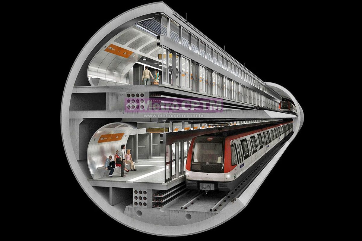 Ilustração mostra como é uma estação em túnel escavado pelo tatuzão quádruplo