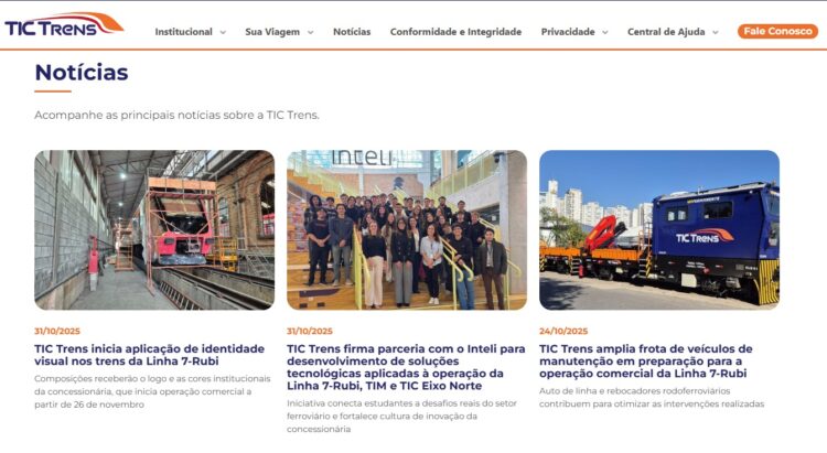 Imagem da página existente no site da concessionária TIC Trens, operadora da Linha 7-Rubi.