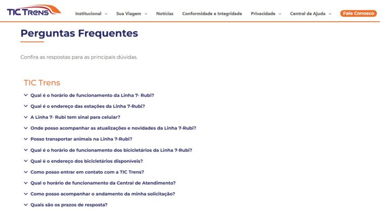 Imagem da página existente no site da concessionária TIC Trens, operadora da Linha 7-Rubi.