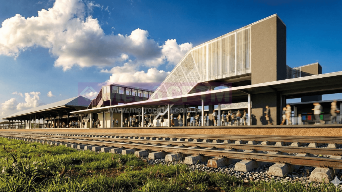 Imagem conceitual da estação de Jundiaí após a reforma para receber o Trem Intercidades, o Trem InterMetropolitano e a Linha 7-Rubi, se tornando um hub de integração entre serviços ferroviários