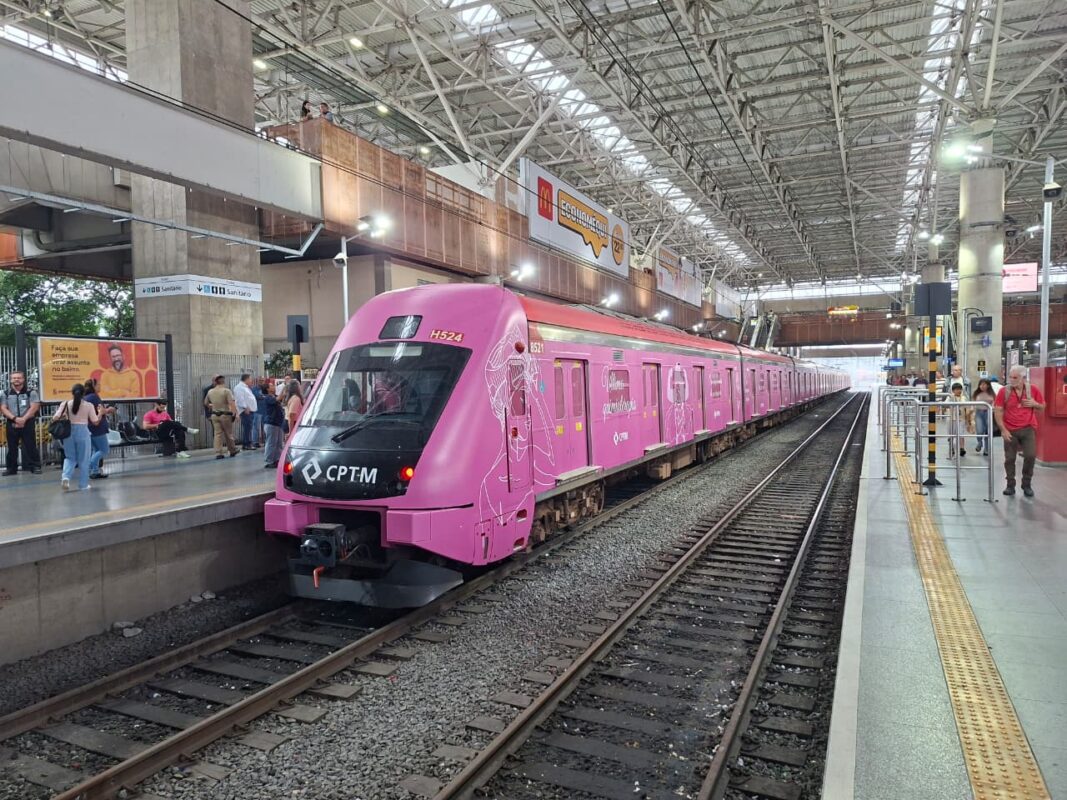 Trem adesivado em rosa homenageia mulheres e pessoas que superaram a luta contra o câncer