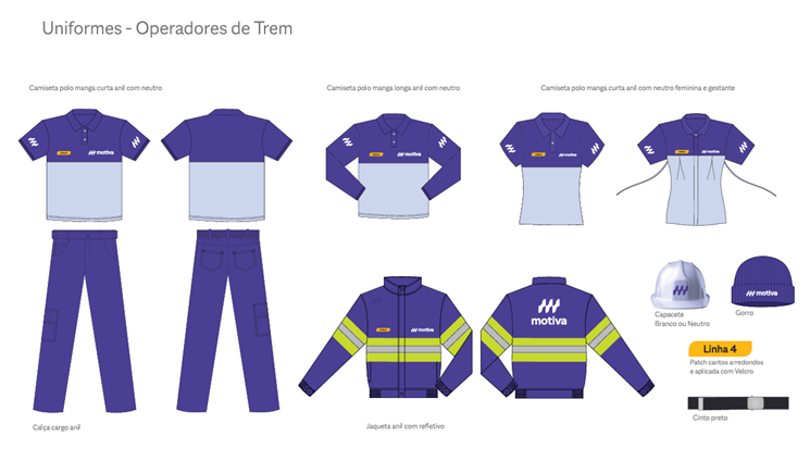 Desenhos de como são os novos unfiormes dos operadores de trem da Motiva.