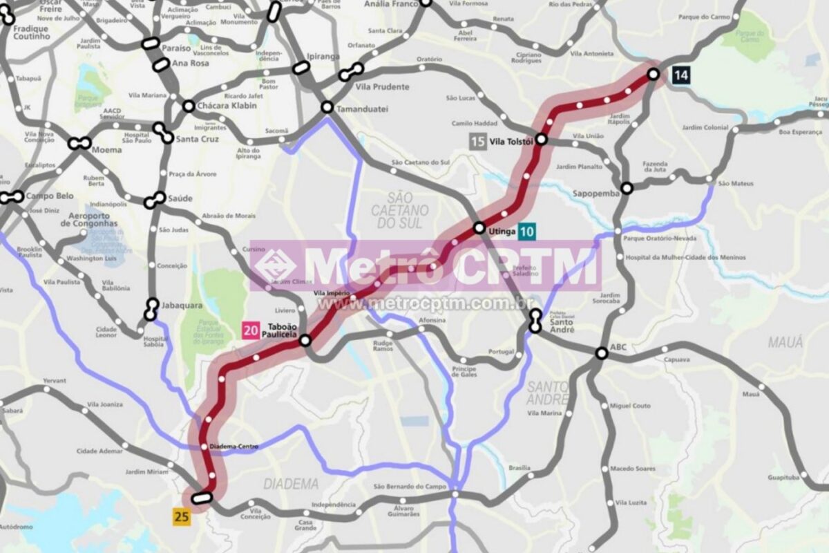Mapa que mostra possível traçado da Linha 21-Vinho entre São Paulo e Diadema, no ABC