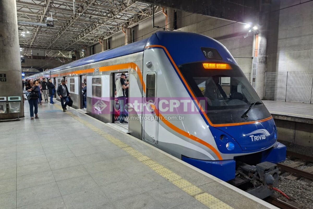 Trem com pintura da Trivia Trens estacionado na estação Brás, Linha 12-Safira